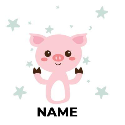 Cute pink pig character surrounded by stars, perfect for baby products.\n\nCaption: Adorable pink pig design brings jo