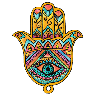 Colorful Khamsa hand with an evil eye design, symbolizing protection, perfect for baby items.\n\nCaption: This vibrant
