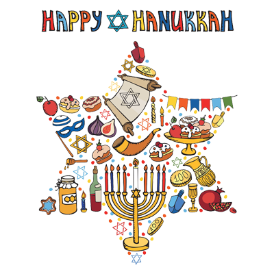 Colorful \"Happy Hanukkah\" design featuring festive symbols on a star background, perfect for baby items.\n\nCaption: