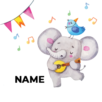 Cute elephant playing a guitar with a bird on its head, surrounded by colorful decorations and musical notes.\n\nCapti