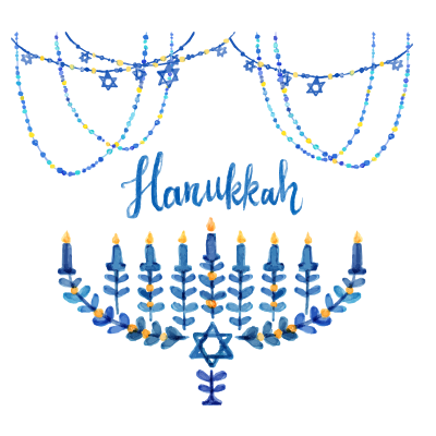 Hanukkah-themed design featuring a decorative Menorah and festive garlands in blue and yellow shades.\n\nCaption: Cele