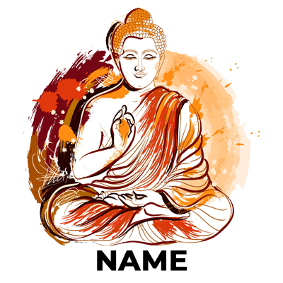 Illustration of a seated Buddha design in warm colors, suitable for baby products like bodysuits and bibs.\n\nCaption: