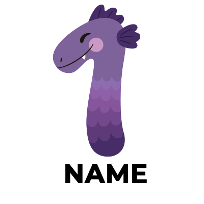 Purple dinosaur illustration shaped like the number one for a first birthday celebration.\n\nCaption: Celebrate your l