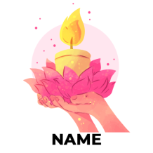 A colorful illustration of a candle held in hands over pink lotus petals, symbolizing joy and celebration for babies.\
