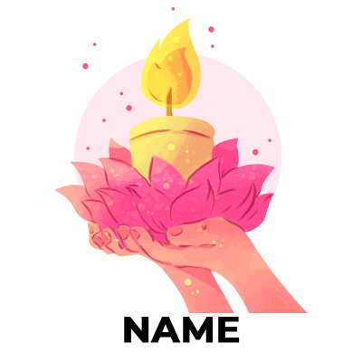 A colorful illustration of a candle held in hands over pink lotus petals, symbolizing joy and celebration for babies.\