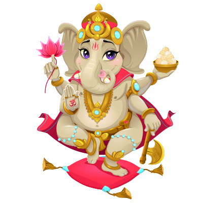 Cute illustration of Ganesha, the Hindu god, with a lotus and sweets, perfect for baby products.\n\nCaption: Adorn you