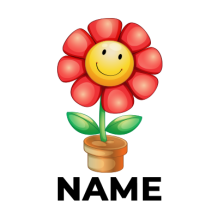 A cartoon flower with a smiling face, red petals, and green leaves in a brown pot.\n\nCaption: Bring joy to playtime w