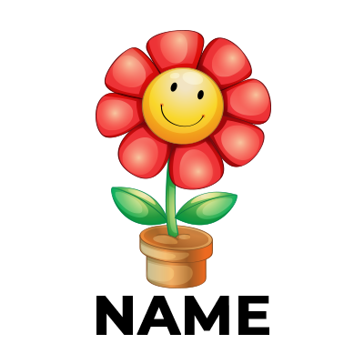 A cartoon flower with a smiling face, red petals, and green leaves in a brown pot.\n\nCaption: Bring joy to playtime w