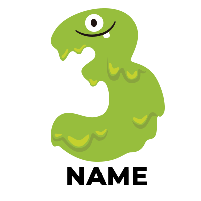 Playful green number three with a friendly monster design, celebrating milestones in baby products.\n\nCaption: Celebr
