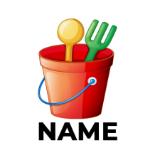 A bright red beach bucket filled with a yellow scoop and a green rake, perfect for outdoor play. \n\nCaption: Explore 