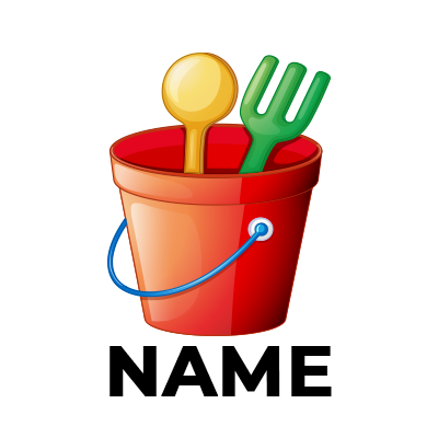 A bright red beach bucket filled with a yellow scoop and a green rake, perfect for outdoor play. \n\nCaption: Explore 
