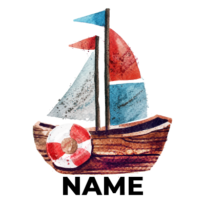 A whimsical boat painting in blue and red, perfect for a baby\'s nursery decor or themed items. \n\nAdd a touch of nautical char