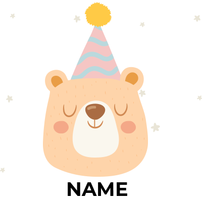 Cute bear face wearing a party hat, perfect for celebrating a baby\'s special moments.\n\nCaption: Celebrate your litt