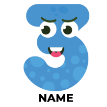 Playful blue number three with a smiling face, ideal for third birthday celebrations, featured on baby products.\n\nCa