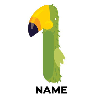 Colorful number \"1\" shaped like a parrot in green and yellow, perfect for a child\'s 4th birthday celebrations.\n\nC