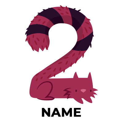 Playful illustration of the number two, featuring a whimsical cat tail and vibrant colors, perfect for baby products.\