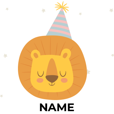 Cute lion wearing a party hat, perfect for baby products like bodysuits and bibs. \n\nCaption: Celebrate your little o