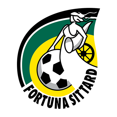 Fortuna Sittard logo, featuring a stylized figure kicking a soccer ball, designed for baby products like pacifiers and