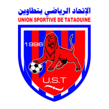 Logo of Union Sportive de Tataouine, a sports team featuring a lion and soccer ball in vibrant red and blue colors.\n\