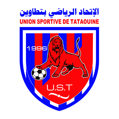 Logo of Union Sportive de Tataouine, a sports team featuring a lion and soccer ball in vibrant red and blue colors.\n\