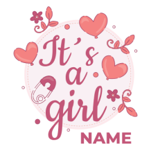 Design featuring \"It\'s a girl\" in pink with hearts and floral elements, perfect for baby products.\n\nCaption: Cele