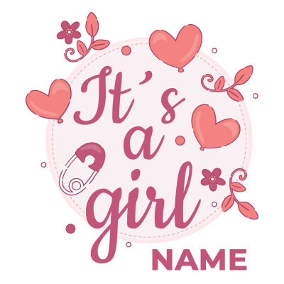 Design featuring \"It\'s a girl\" in pink with hearts and floral elements, perfect for baby products.\n\nCaption: Cele