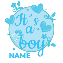 A blue circular design featuring the text \"It\'s a boy\" with playful icons, perfect for baby items.\n\nCaption: Cele