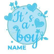 A blue circular design featuring the text \"It\'s a boy\" with playful icons, perfect for baby items.\n\nCaption: Cele