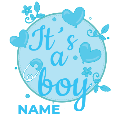 A blue circular design featuring the text \"It\'s a boy\" with playful icons, perfect for baby items.\n\nCaption: Cele