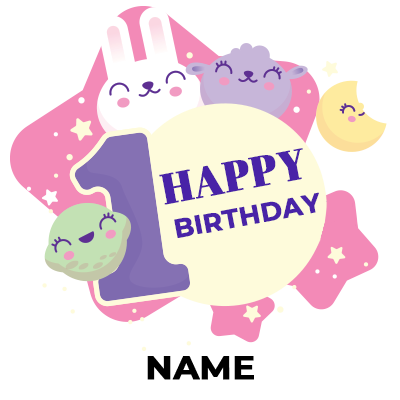Colorful birthday design featuring a large \"1\" and cute cartoon animals celebrating a first birthday.\n\nCaption: Ce