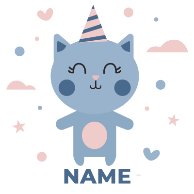 Cute blue cat with a birthday hat, surrounded by stars and hearts, perfect for baby items.\n\nCaption: Celebrate your 