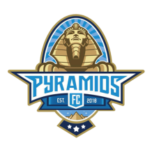 Pyramids FC logo featuring a pharaoh head and blue, gold, and white colors, ideal for baby products.\n\nCaption: Show 