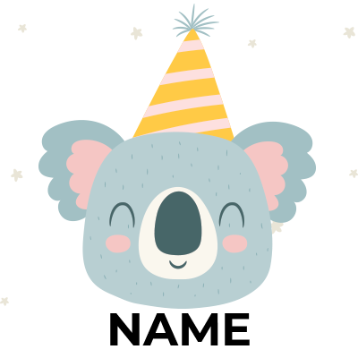 Cute koala character wearing a party hat, perfect for baby products like bodysuits and accessories.\n\nCaption: Celebr
