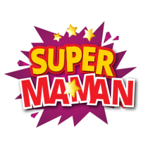 Logo of Super Maman, a vibrant brand for baby products like pacifiers and accessories.\n\nCaption: Discover Super Mama