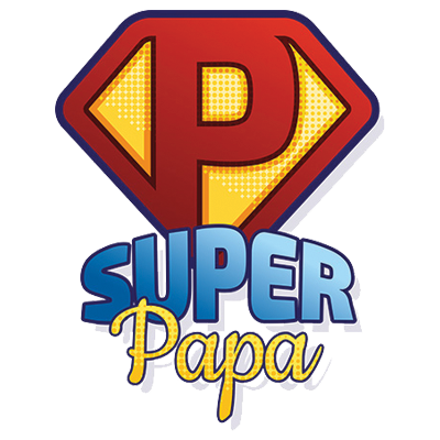 Super PAPA logo featuring a superhero \"P\" design, suitable for baby products like pacifiers and outfits.\n\nCaption: