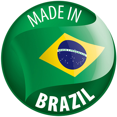 A round badge with the text \"Made in BRAZIL\" and the Brazilian flag design, representing baby products.\n\nCaption: 