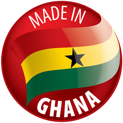 A badge featuring the Ghanaian flag with the text \"Made in GHANA,\" highlighting ethically sourced baby products. \n\
