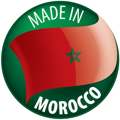 Logo featuring the text \"Made in Morocco\" with a Moroccan flag design, suitable for baby products.\n\nCaption: Disco