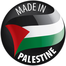 Round emblem stating \"Made in PALESTINE\" with a design inspired by the Palestinian flag, suitable for a baby product