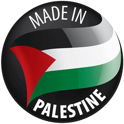 Round emblem stating \"Made in PALESTINE\" with a design inspired by the Palestinian flag, suitable for a baby product
