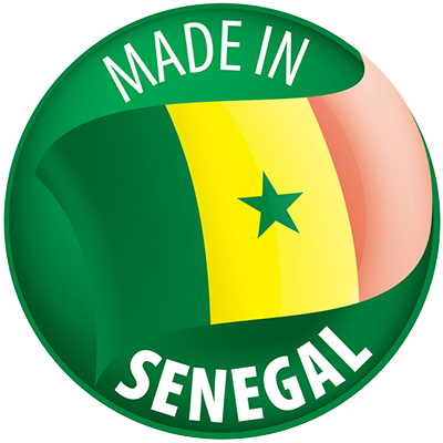 Logo featuring the Senegal flag and the text \"Made in SENEGAL,\" highlighting baby products\' origin.\n\nCaption: Cel