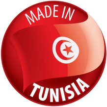 Circular emblem highlighting \"Made in Tunisia,\" suitable for baby products. \n\nCaption: Proudly showcasing products