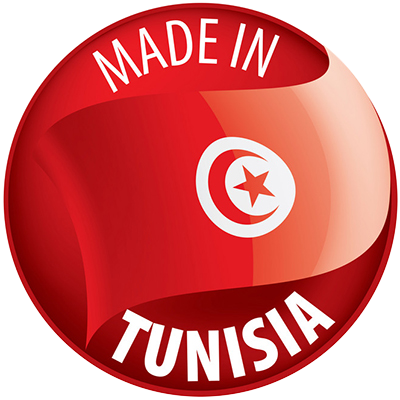 Circular emblem highlighting \"Made in Tunisia,\" suitable for baby products. \n\nCaption: Proudly showcasing products