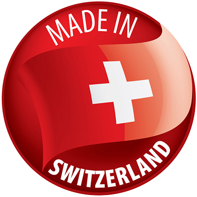 Emblem featuring the phrase \"Made in SWITZERLAND\" with a Swiss flag design, indicating high-quality baby products.\n
