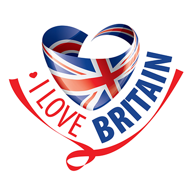 Graphic design featuring a heart wrapped in the British flag with the text \"I Love Britain\" for baby products.\n\nCa