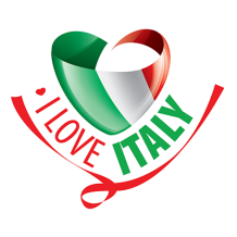 A heart-shaped logo featuring the Italian flag colors with the text \"I Love Italy\" below. Suitable for baby products