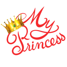 Logo for My Princess, featuring a gold crown and elegant red text, perfect for baby products.\n\nCaption: Discover the