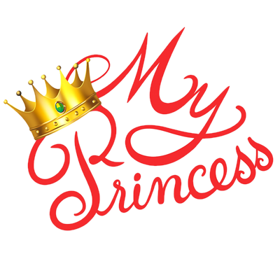 Logo for My Princess, featuring a gold crown and elegant red text, perfect for baby products.\n\nCaption: Discover the
